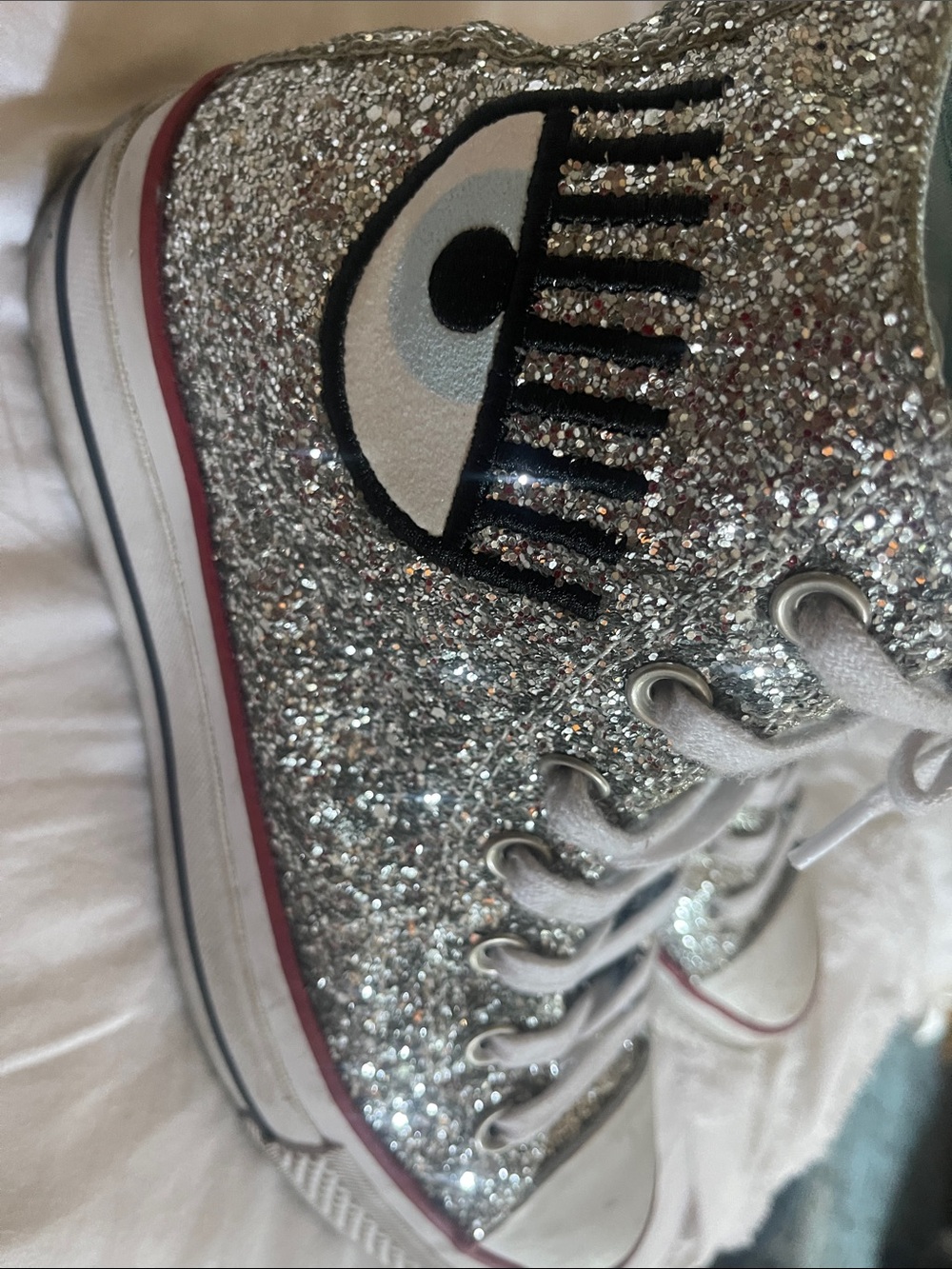 Converse Silver Glitter High-Top Sneakers with Eye Patch Detail